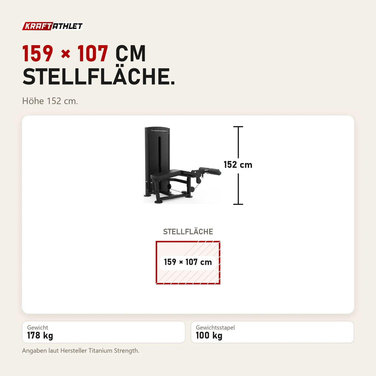 Maßbild Titanium Strength Black Series Liegender Beincurl: Stellfläche 159 × 107 cm, Höhe 152 cm