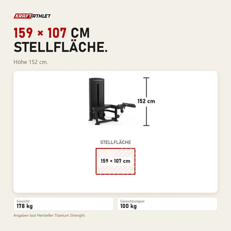 Maßbild Titanium Strength Black Series Liegender Beincurl: Stellfläche 159 × 107 cm, Höhe 152 cm