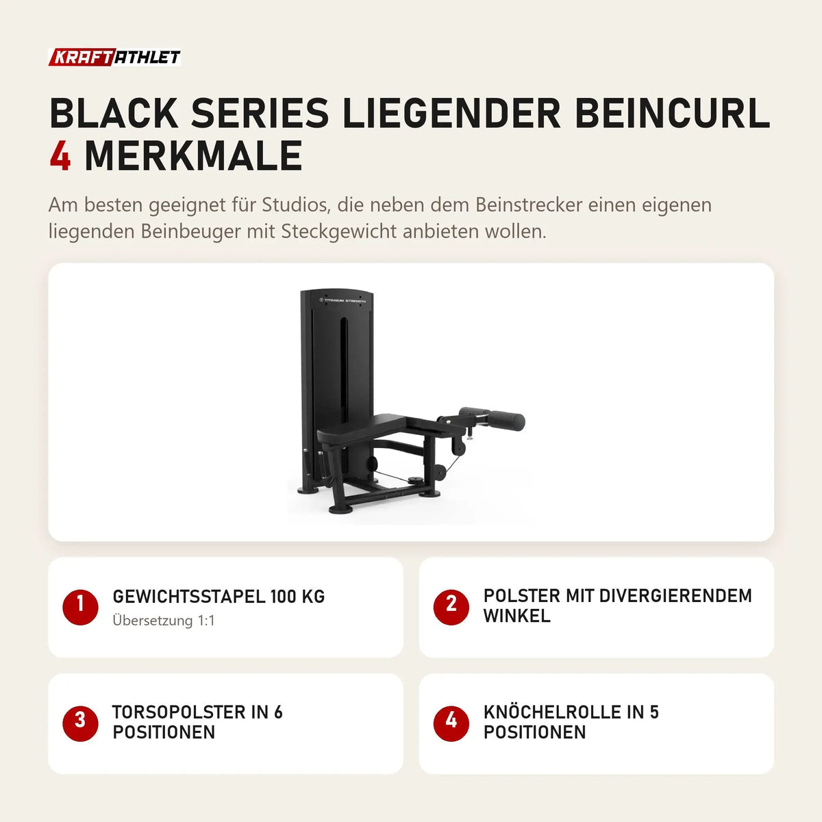 Titanium Strength Black Series Liegender Beincurl mit 4 Merkmalen: Gewichtsstapel 100 kg, Polster mit divergierendem Winkel, Torsopolster in 6 Positionen, Knöchelrolle in 5 Positionen