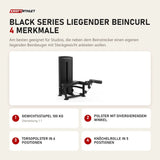Titanium Strength Black Series Liegender Beincurl mit 4 Merkmalen: Gewichtsstapel 100 kg, Polster mit divergierendem Winkel, Torsopolster in 6 Positionen, Knöchelrolle in 5 Positionen