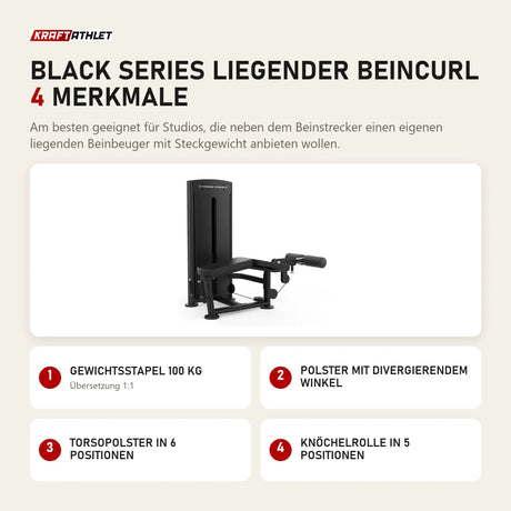 Titanium Strength Black Series Liegender Beincurl mit 4 Merkmalen: Gewichtsstapel 100 kg, Polster mit divergierendem Winkel, Torsopolster in 6 Positionen, Knöchelrolle in 5 Positionen