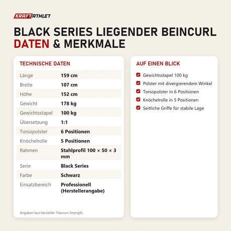 Technische Daten und Merkmale von Titanium Strength Black Series Liegender Beincurl als Tabelle