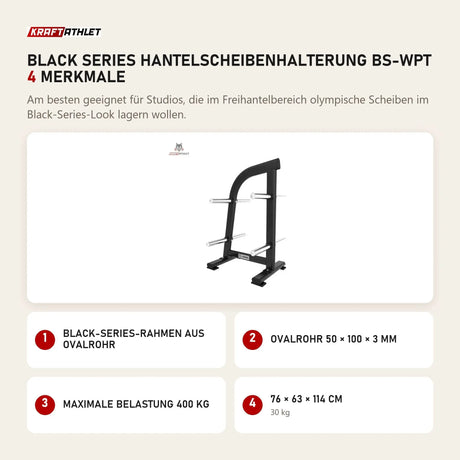 Titanium Strength Black Series Hantelscheibenhalterung BS-WPT mit 4 Merkmalen: Black-Series-Rahmen aus Ovalrohr, Ovalrohr 50 × 100 × 3 mm, Maximale Belastung 400 kg, 76 × 63 × 114 cm