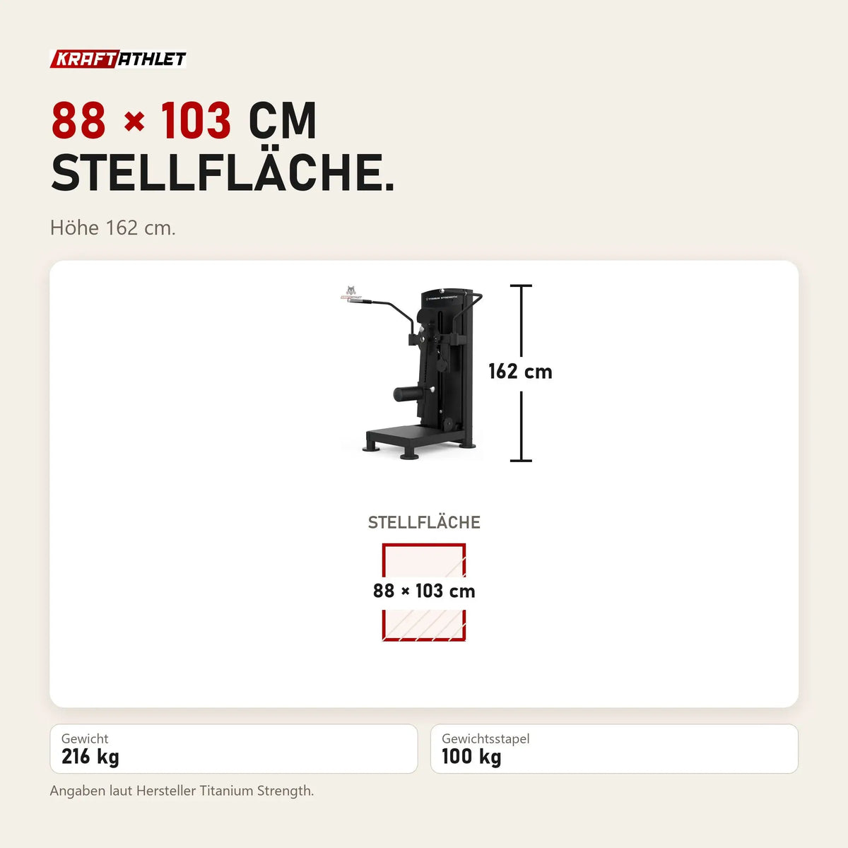 Maßbild Titanium Strength Black Series Multi Hip: Stellfläche 88 × 103 cm, Höhe 162 cm