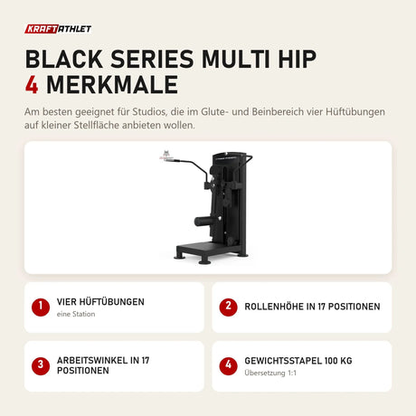 Titanium Strength Black Series Multi Hip mit 4 Merkmalen: Vier Hüftübungen, Rollenhöhe in 17 Positionen, Arbeitswinkel in 17 Positionen, Gewichtsstapel 100 kg