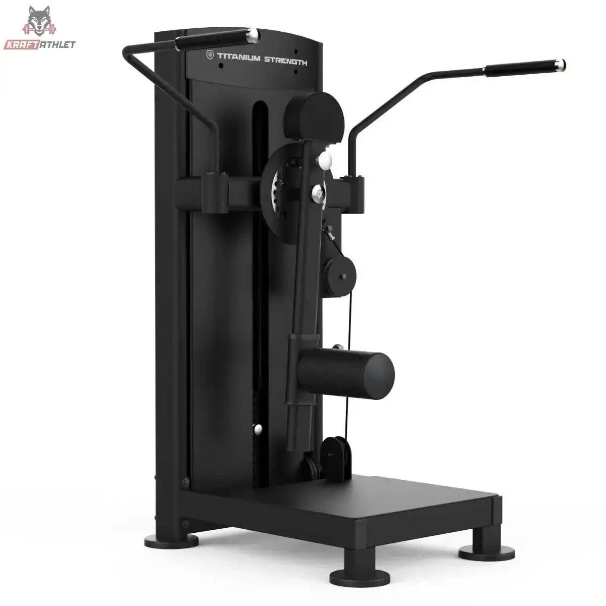 Titanium Strength Black Series Multi Hip: Schrägansicht von rechts mit Beinpolster und Standplattform, in Schwarz