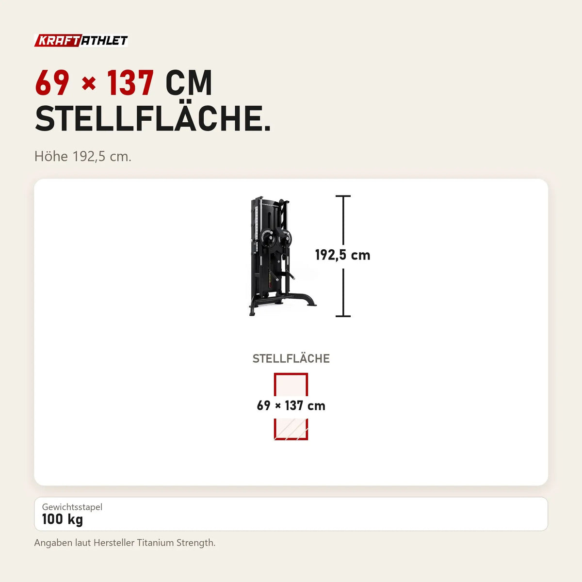 Maßbild Titanium Strength Black Series Selectorisierte Multiflight: Stellfläche 69 × 137 cm, Höhe 192,5 cm