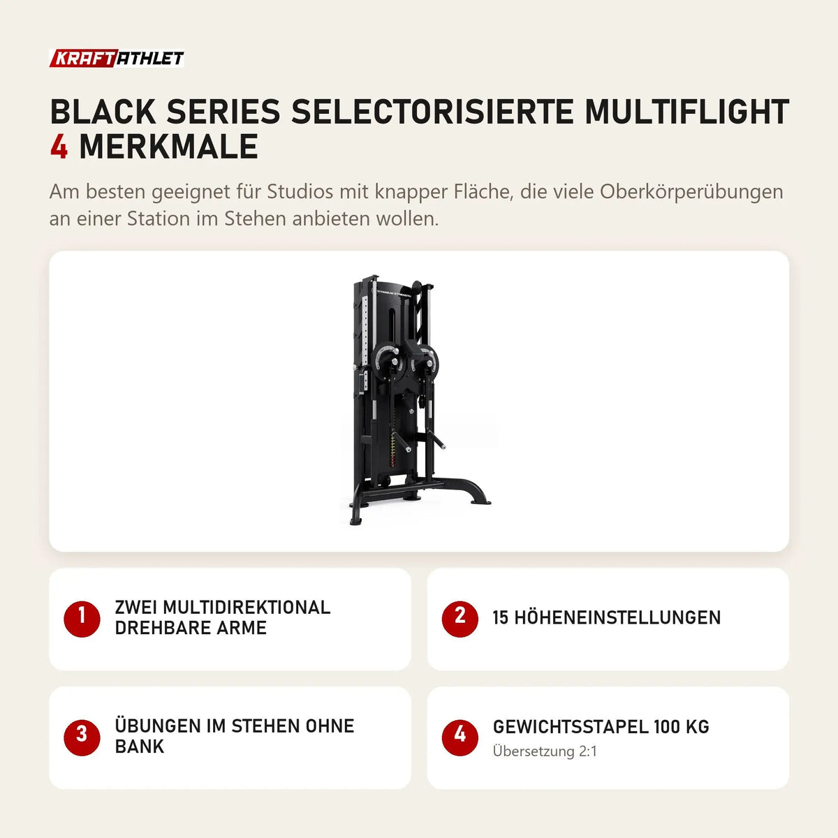 Titanium Strength Black Series Selectorisierte Multiflight mit 4 Merkmalen: Zwei multidirektional drehbare Arme, 15 Höheneinstellungen, Übungen im Stehen ohne Bank, Gewichtsstapel 100 kg