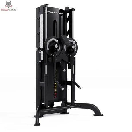 Titanium Strength Black Series Selectorisierte Multiflight – Schrägansicht mit zwei Seilzugrollen und Gewichtsstapeln