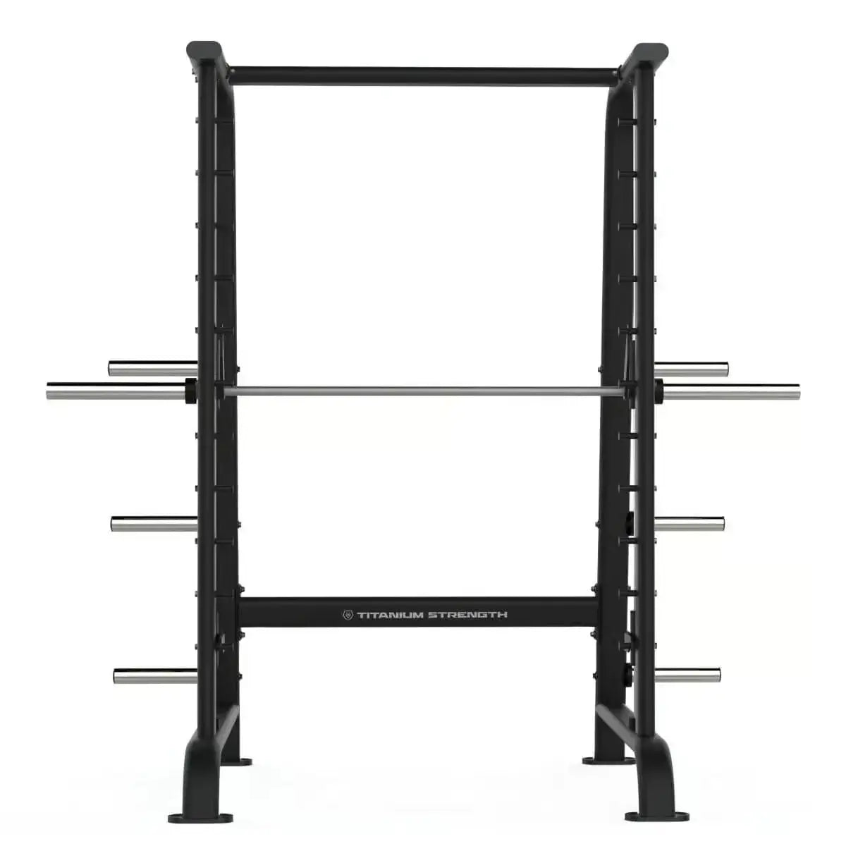 Titanium Strength Black Series Multipower Smith-Maschine in Schwarz, Frontansicht mit Langhantelstange