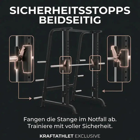 Titanium Strength Black Series Multipower Smith-Maschine, Grafik zu den beidseitigen Sicherheitsstopps am Rahmen