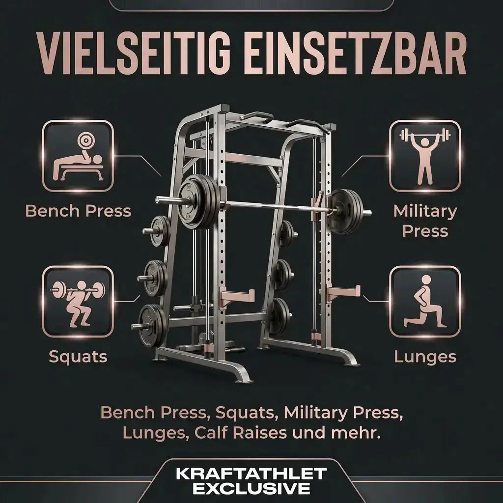 Titanium Strength Black Series Multipower Smith-Maschine, Grafik mit Übungen wie Bench Press, Squats und Lunges