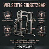 Titanium Strength Black Series Multipower Smith-Maschine, Grafik mit Übungen wie Bench Press, Squats und Lunges