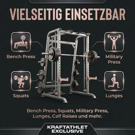 Titanium Strength Black Series Multipower Smith-Maschine, Grafik mit Übungen wie Bench Press, Squats und Lunges