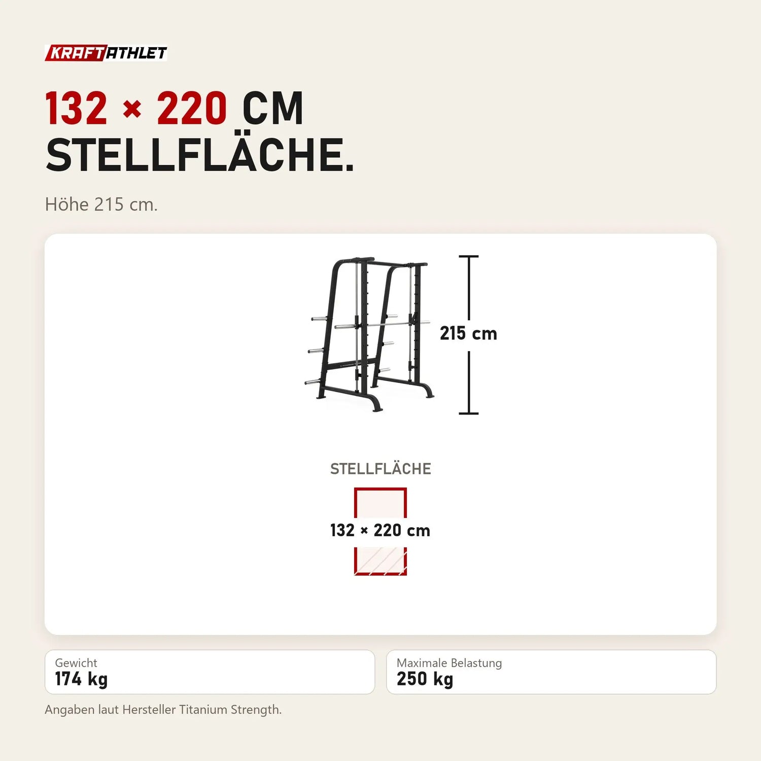 Maßbild Titanium Strength Black Series Multipower Smith-Maschine: Stellfläche 132 × 220 cm, Höhe 215 cm