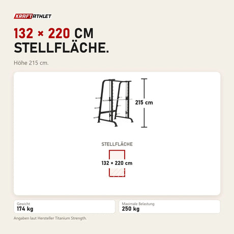 Maßbild Titanium Strength Black Series Multipower Smith-Maschine: Stellfläche 132 × 220 cm, Höhe 215 cm