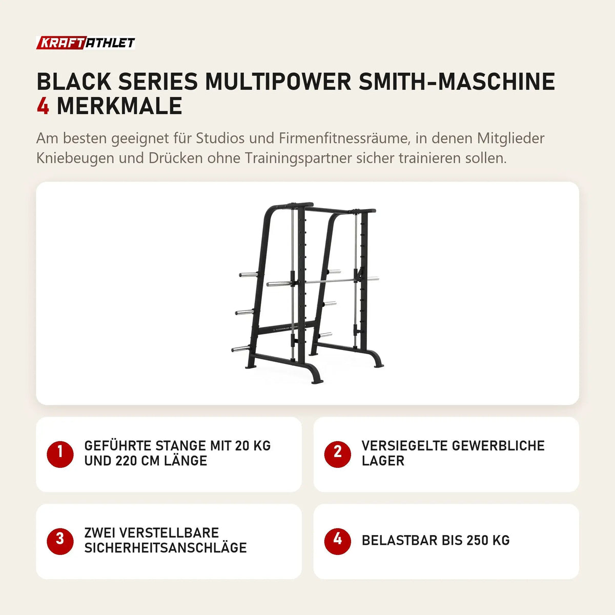 Titanium Strength Black Series Multipower Smith-Maschine mit 4 Merkmalen: Geführte Stange mit 20 kg und 220 cm Länge, Versiegelte gewerbliche Lager, Zwei verstellbare Sicherheitsanschläge, Belastbar bis 250 kg
