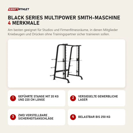 Titanium Strength Black Series Multipower Smith-Maschine mit 4 Merkmalen: Geführte Stange mit 20 kg und 220 cm Länge, Versiegelte gewerbliche Lager, Zwei verstellbare Sicherheitsanschläge, Belastbar bis 250 kg