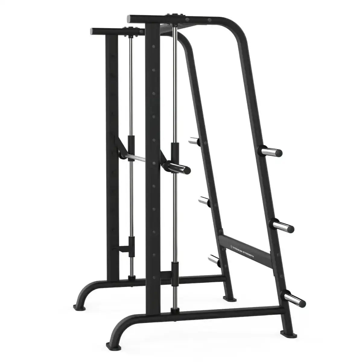 Titanium Strength Black Series Multipower Smith-Maschine in Schwarz, Seitenansicht mit Führungsrohren und Standfüßen