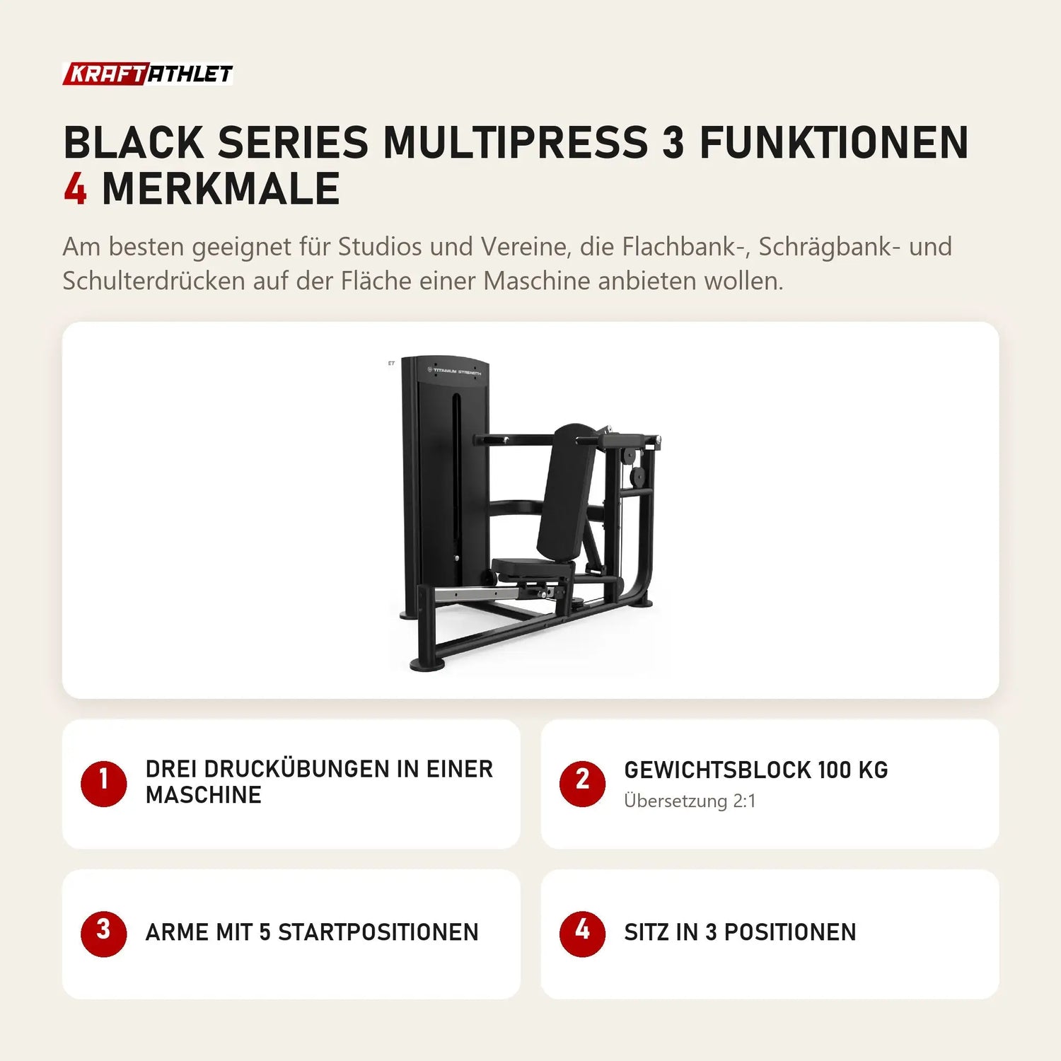 Titanium Strength Black Series Multipress 3 Funktionen mit 4 Merkmalen: Drei Druckübungen in einer Maschine, Gewichtsblock 100 kg, Arme mit 5 Startpositionen, Sitz in 3 Positionen