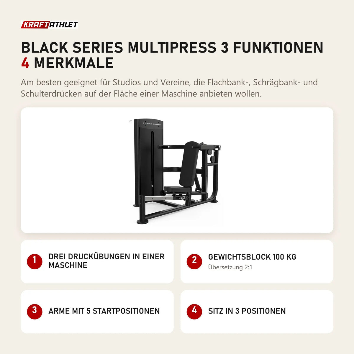 Titanium Strength Black Series Multipress 3 Funktionen mit 4 Merkmalen: Drei Druckübungen in einer Maschine, Gewichtsblock 100 kg, Arme mit 5 Startpositionen, Sitz in 3 Positionen