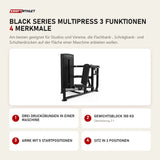 Titanium Strength Black Series Multipress 3 Funktionen mit 4 Merkmalen: Drei Druckübungen in einer Maschine, Gewichtsblock 100 kg, Arme mit 5 Startpositionen, Sitz in 3 Positionen