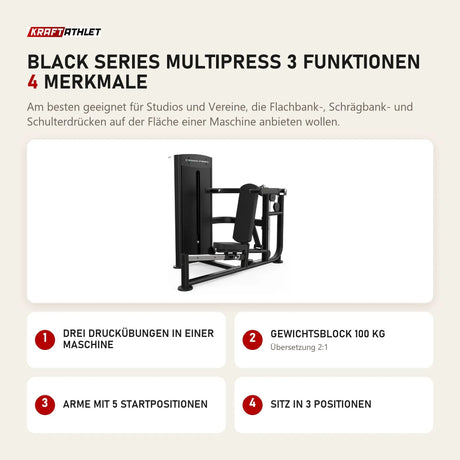 Titanium Strength Black Series Multipress 3 Funktionen mit 4 Merkmalen: Drei Druckübungen in einer Maschine, Gewichtsblock 100 kg, Arme mit 5 Startpositionen, Sitz in 3 Positionen