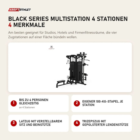 Titanium Strength Black Series Multistation 4 Stationen mit 4 Merkmalen: Bis zu 4 Personen gleichzeitig, Eigener 100-kg-Stapel je Station, Latzug mit verstellbarem Sitz und Beinstütze, Trizepszug mit gepolsterter Lendenstütze