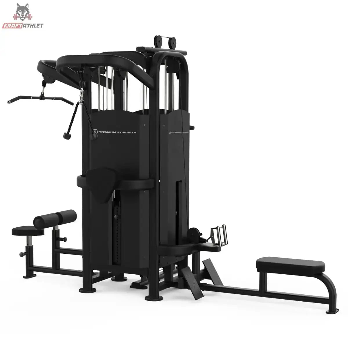 Titanium Strength Black Series Multistation 4 Stationen, Rückansicht mit Ruderstation und Beincurl-Polster