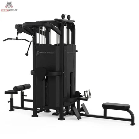 Titanium Strength Black Series Multistation 4 Stationen, Rückansicht mit Ruderstation und Beincurl-Polster