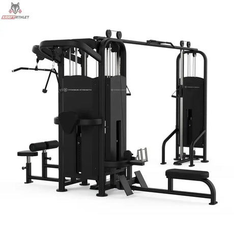 Titanium Strength Black Series Multistation 5 Stationen, Frontansicht mit Gewichtsblöcken und Bänken
