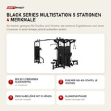 Titanium Strength Black Series Multistation 5 Stationen mit 4 Merkmalen: Bis zu 5 Personen gleichzeitig, Eigener 100-kg-Stapel je Station, Zwei Kabelzüge mit 15 Höhen, Klimmzugstange