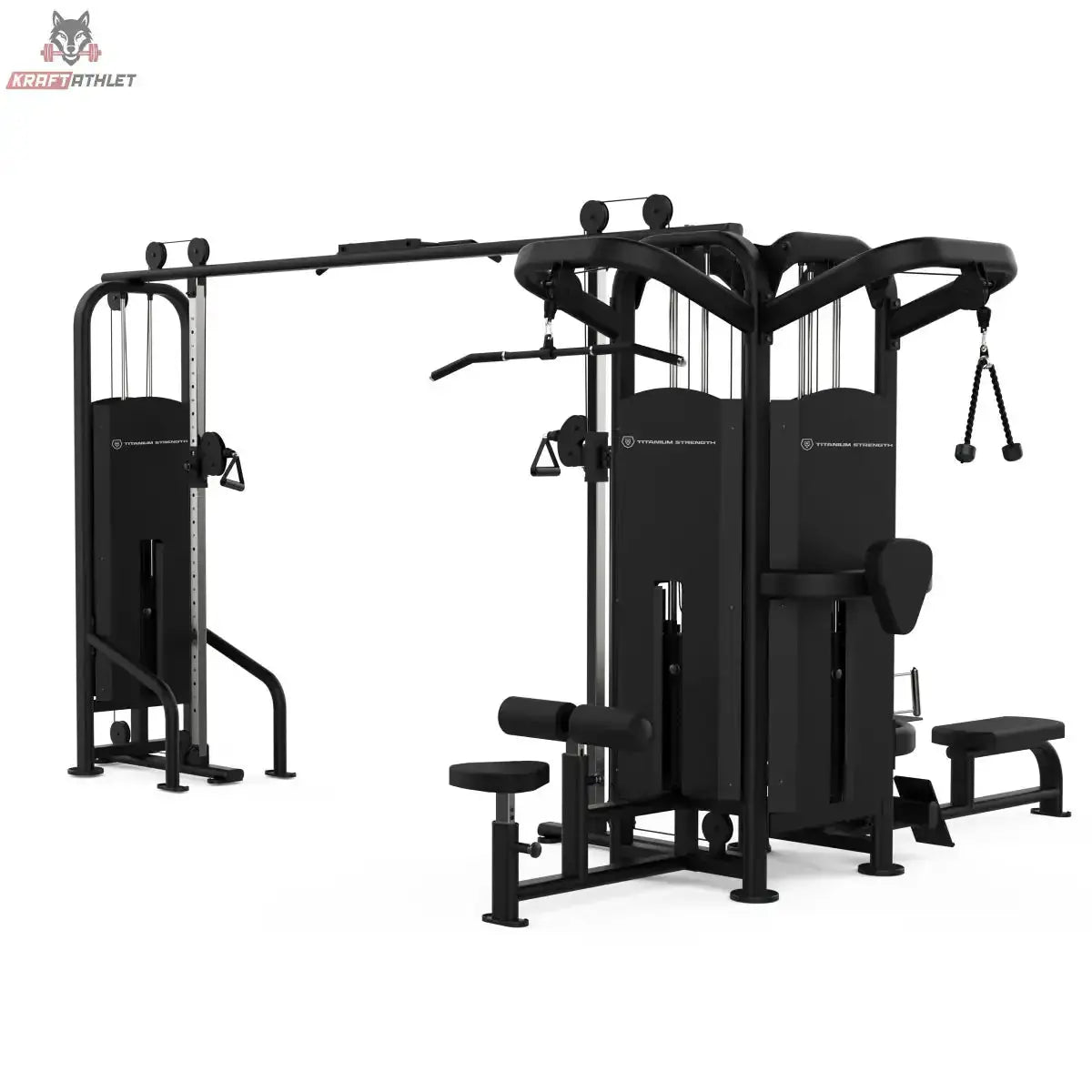 Titanium Strength Black Series Multistation 5 Stationen, Schrägansicht mit Latzug und Beinstation