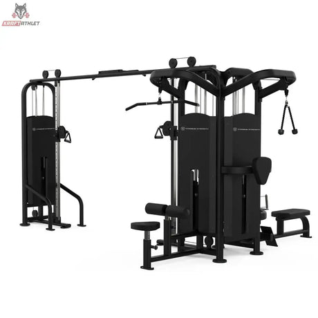 Titanium Strength Black Series Multistation 5 Stationen, Schrägansicht mit Latzug und Beinstation