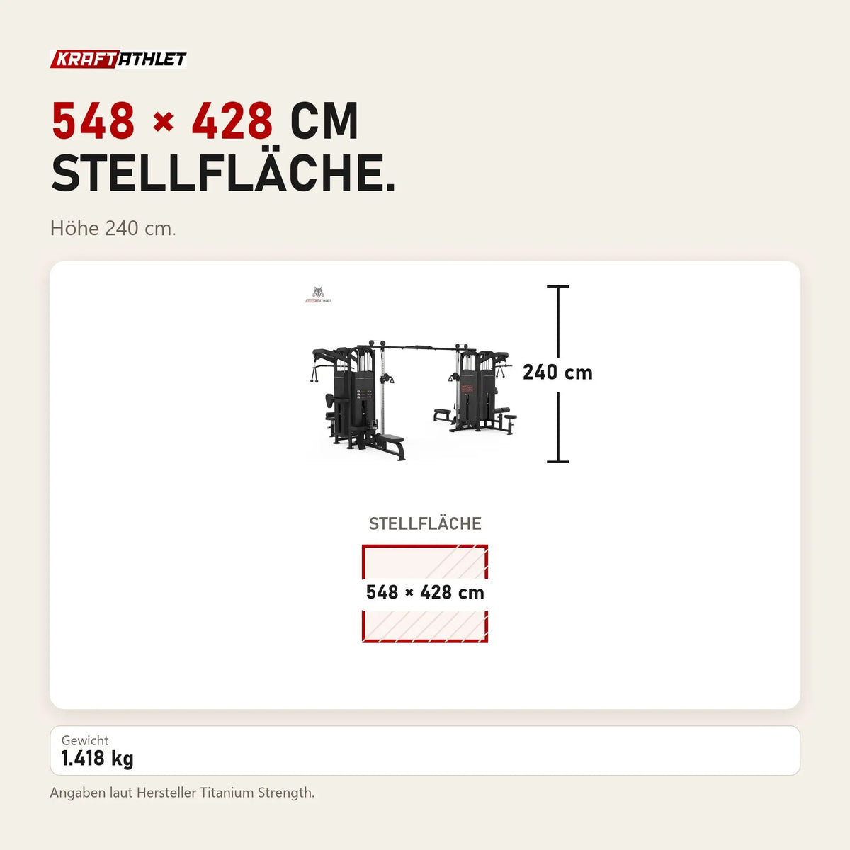 Maßbild Titanium Strength Black Series Multistation 8 Stationen: Stellfläche 548 × 428 cm, Höhe 240 cm