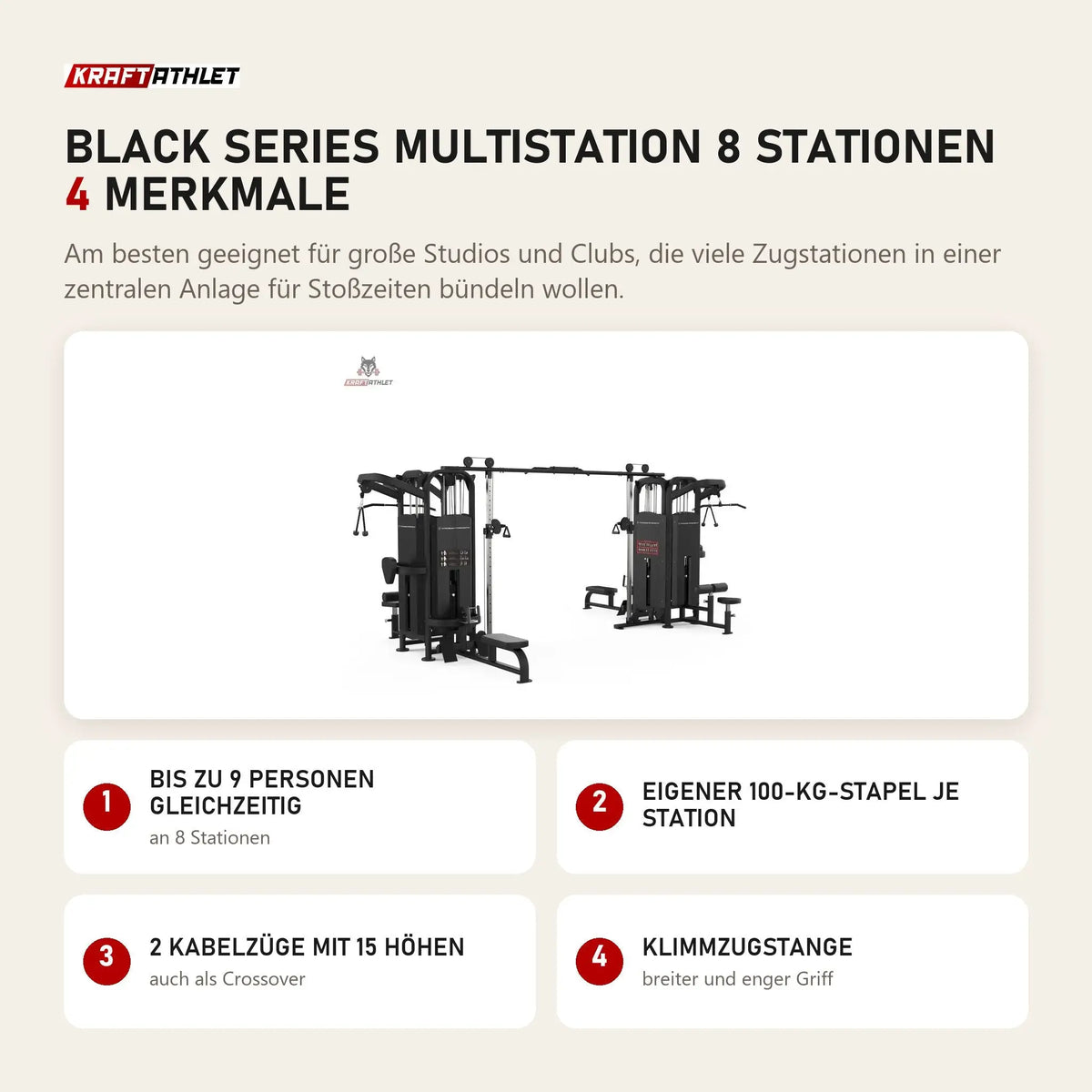 Titanium Strength Black Series Multistation 8 Stationen mit 4 Merkmalen: Bis zu 9 Personen gleichzeitig, Eigener 100-kg-Stapel je Station, 2 Kabelzüge mit 15 Höhen, Klimmzugstange