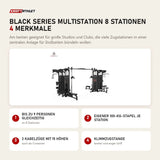 Titanium Strength Black Series Multistation 8 Stationen mit 4 Merkmalen: Bis zu 9 Personen gleichzeitig, Eigener 100-kg-Stapel je Station, 2 Kabelzüge mit 15 Höhen, Klimmzugstange