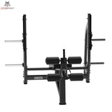 Titanium Strength Black Series Negativ Geneigte Olympische Drückbank: Frontansicht mit Beinrollen und Scheibenhörnern