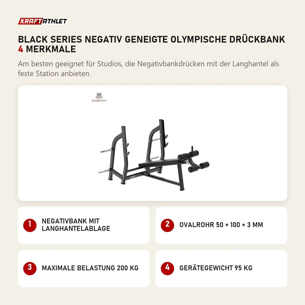 Titanium Strength Black Series Negativ Geneigte Olympische Drückbank mit 4 Merkmalen: Negativbank mit Langhantelablage, Ovalrohr 50 × 100 × 3 mm, Maximale Belastung 200 kg, Gerätegewicht 95 kg