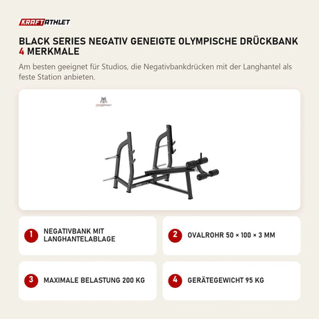Titanium Strength Black Series Negativ Geneigte Olympische Drückbank mit 4 Merkmalen: Negativbank mit Langhantelablage, Ovalrohr 50 × 100 × 3 mm, Maximale Belastung 200 kg, Gerätegewicht 95 kg