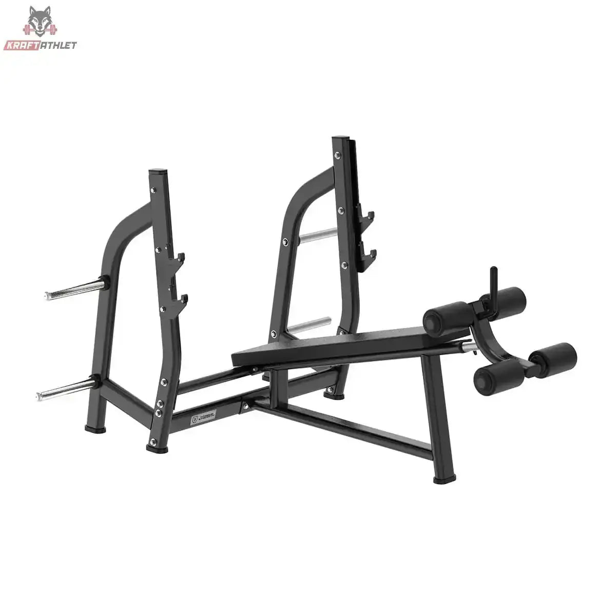 Titanium Strength Black Series Negativ Geneigte Olympische Drückbank: Schrägansicht mit Beinrollen und Hantelablagen