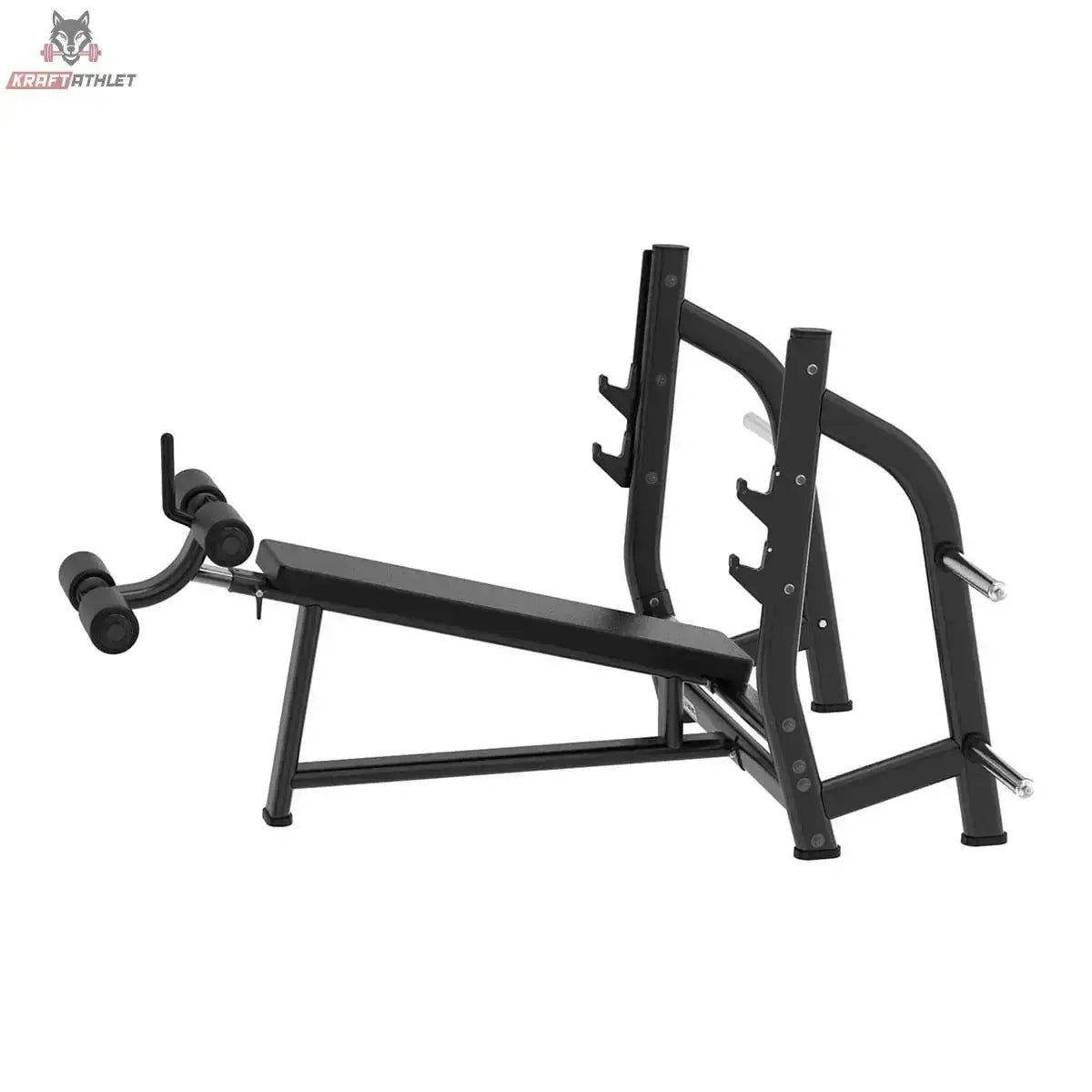 Titanium Strength Black Series Negativ Geneigte Olympische Drückbank: Seitenansicht mit Neigung der Bank und Ablagen