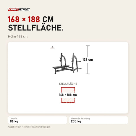 Maßbild Titanium Strength Black Series Olympische Drückbank Flach: Stellfläche 168 × 188 cm, Höhe 129 cm