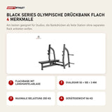 Titanium Strength Black Series Olympische Drückbank Flach mit 4 Merkmalen: Flachbank mit Langhantelablage, Ovalrohr 50 × 100 × 3 mm, Maximale Belastung 200 kg, Gerätegewicht 86 kg
