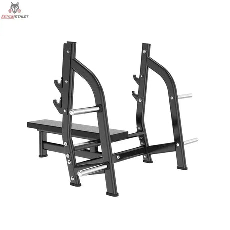 Titanium Strength Black Series Olympische Drückbank Flach: Schrägansicht von hinten mit Scheibenhörnern