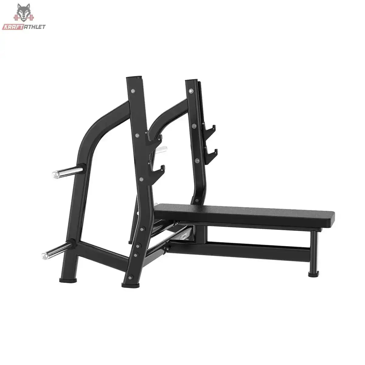 Titanium Strength Black Series Olympische Drückbank Flach: Schrägansicht von rechts mit Flachbank und Ablagen