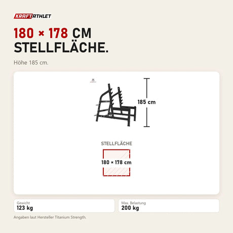 Maßbild Titanium Strength Black Series Olympisches Kniebeugen-Rack: Stellfläche 180 × 178 cm, Höhe 185 cm