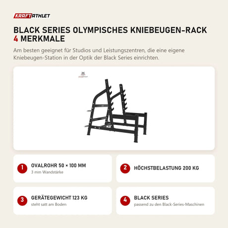 Titanium Strength Black Series Olympisches Kniebeugen-Rack mit 4 Merkmalen: Ovalrohr 50 × 100 mm, Höchstbelastung 200 kg, Gerätegewicht 123 kg, Black Series