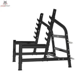 Titanium Strength Black Series Olympisches Kniebeugen-Rack: Schrägansicht von der Seite in Schwarz mit Ablagehaken und Bodenrahmen