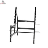 Titanium Strength Black Series Olympisches Kniebeugen-Rack: Seitenansicht in Schwarz mit Hantelscheibenhaltern und Querstreben